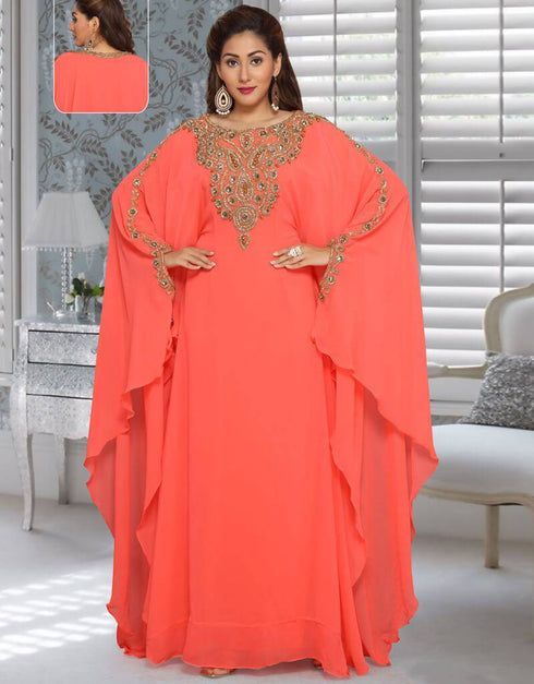 Necklace Pattern With Flared Full Sleeve Farasha Style Kaftan